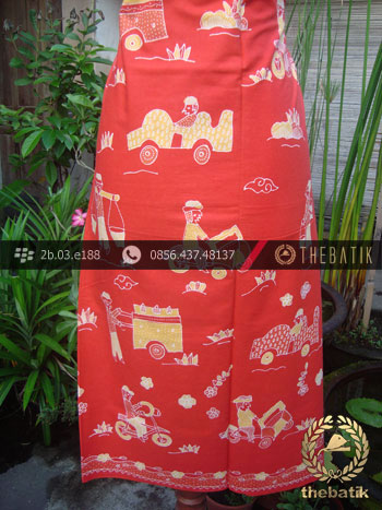 Batik Kumpeni Tulis Motif Pasar Cirebon Latar Merah