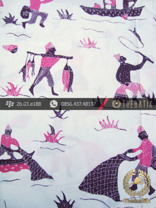 Batik Kumpeni Tulis Motif Nelayan Ungu Latar Putih