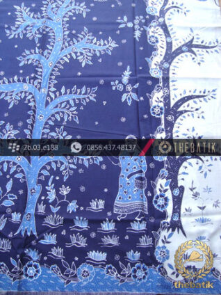 Kain Batik Tulis Motif Pohon Hayat Biru Latar Putih