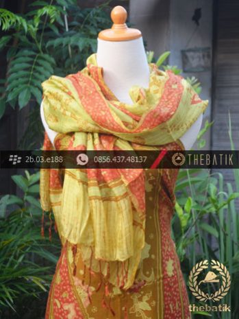 Sarung Selendang Batik Sutera Tulis Jingga Hijau