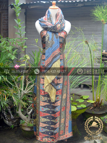 Sarung Selendang Batik Tulis Sutera Tumpal Biru Merah