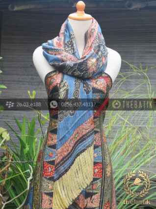Sarung Selendang Batik Tulis Sutera Tumpal Biru Merah
