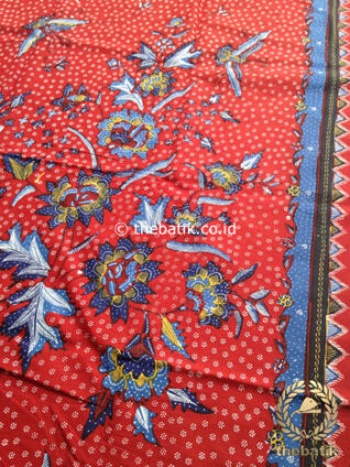 Bahan Kain Batik Tulis Floral Boketan Biru Latar Merah