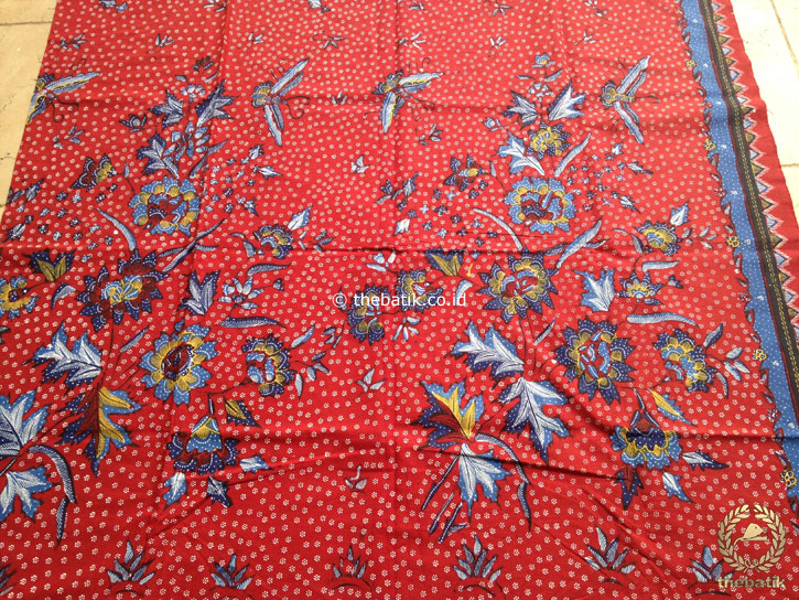 Bahan Kain Batik Tulis Floral Boketan Biru Latar Merah