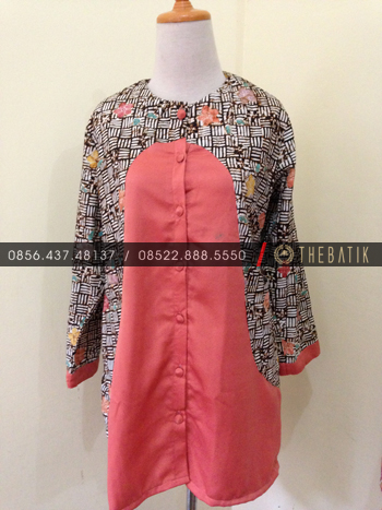 Jahit Batik Model Blus Batik Modern Kombinasi Polos Pink 