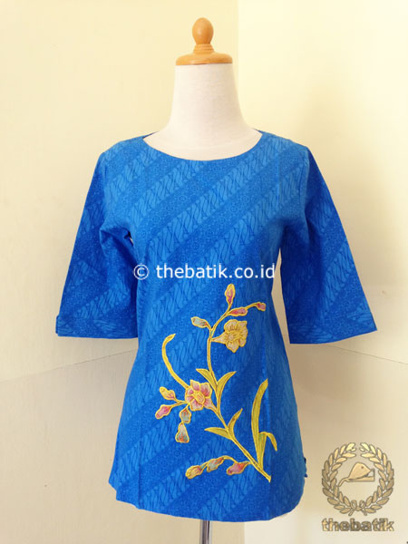 Jual Model Baju  Batik Wanita Blus  Biru Bordir Simple 