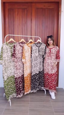 Long Dress Batik Cap Santung Lengan 3/4