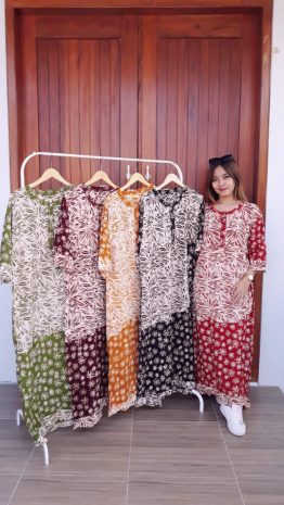Long Dress Batik Cap Santung Lengan 3/4
