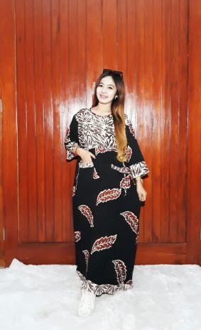 Long Dress Daster Batik Lengan 7/8 Coklat Hitam