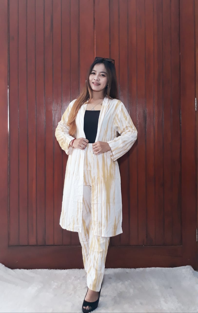 One Set Batik Tunik Outer Jumputan Putih