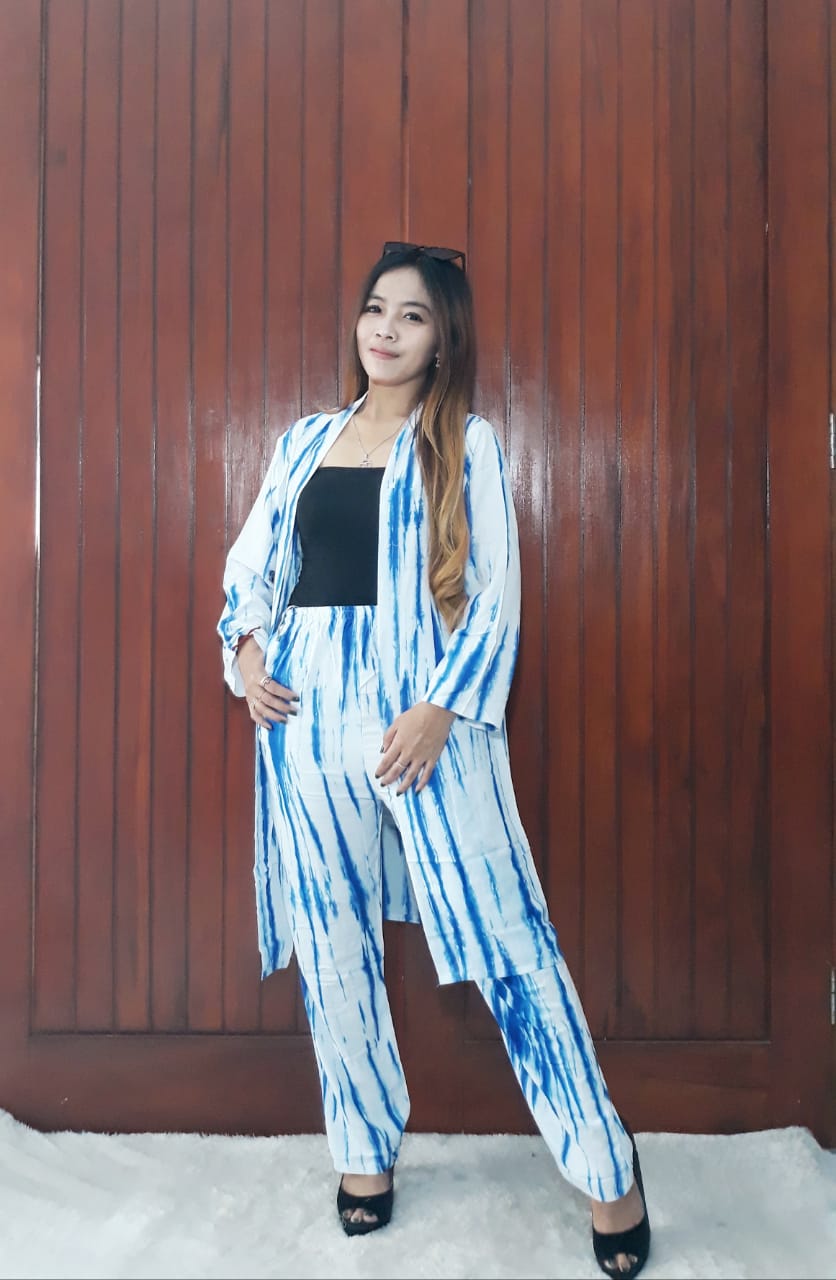 One Set Batik Tunik Outer Jumputan Putih