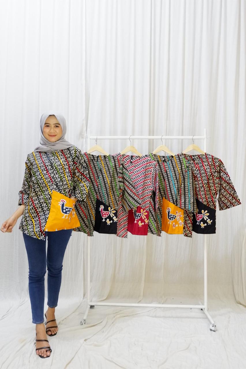 Baju Blus Casual Batik Ayam Kombinasi Polos