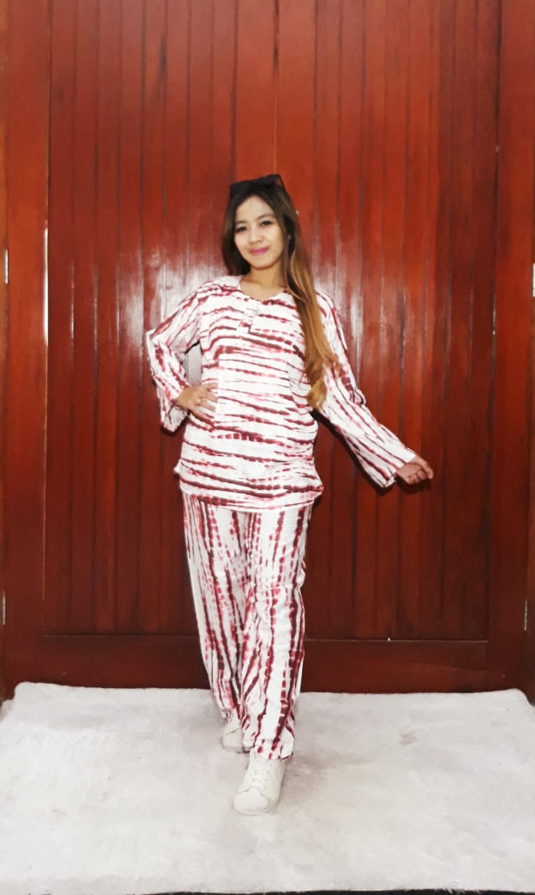 Baju Tidur One Set Piyama Salur Putih