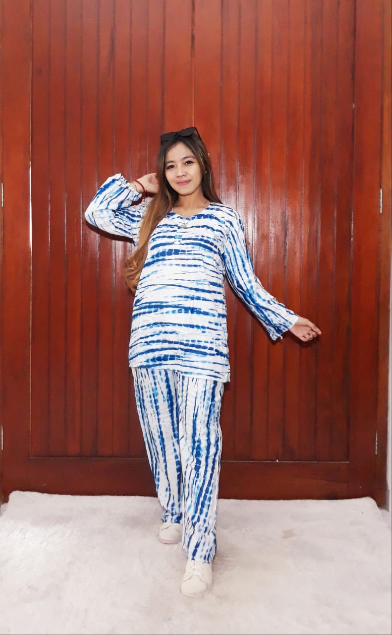 Baju Tidur One Set Piyama Salur Putih