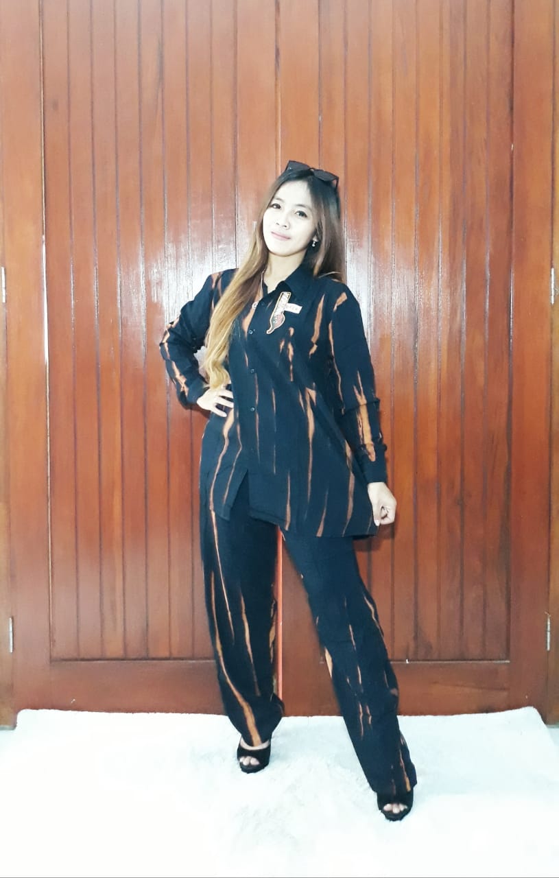 One Set Wanita Batik Tie Dye Garis Jumputan