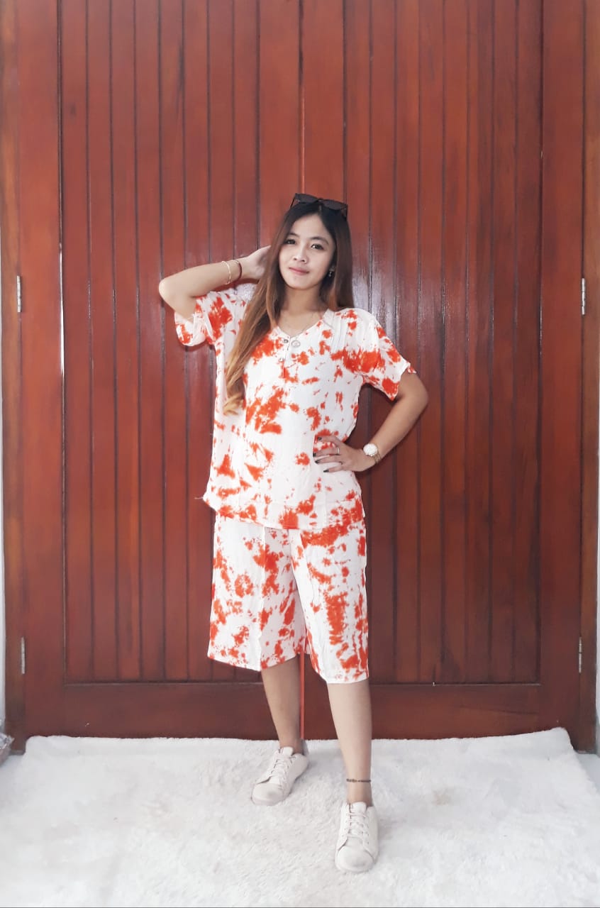 Setelan Kulot Shibori Pendek Bahan Santung Adem