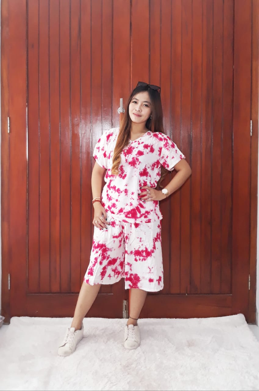 Setelan Kulot Shibori Pendek Bahan Santung Adem