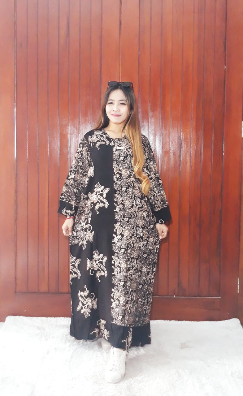Baju Long Dress Batik Rempel Lengan Panjang