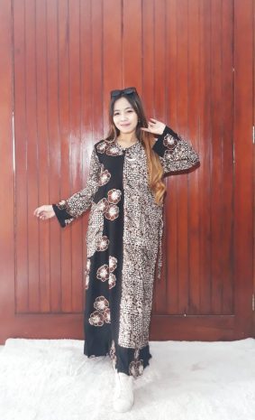 Baju Long Dress Batik Rempel Lengan Panjang