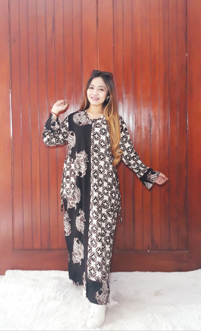 Baju Long Dress Batik Rempel Lengan Panjang
