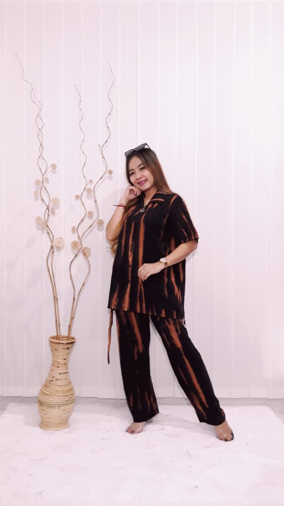 Piyama Batik Jumputan Wanita Panjang Lengan Pendek