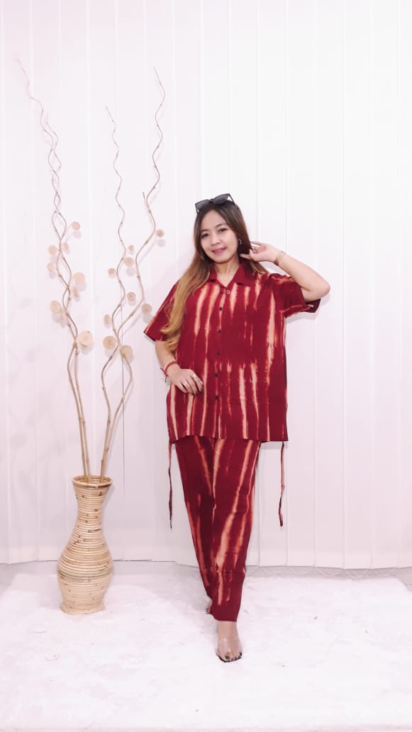 Piyama Batik Jumputan Wanita Panjang Lengan Pendek