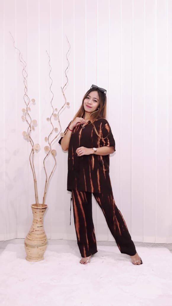 Piyama Batik Jumputan Wanita Panjang Lengan Pendek