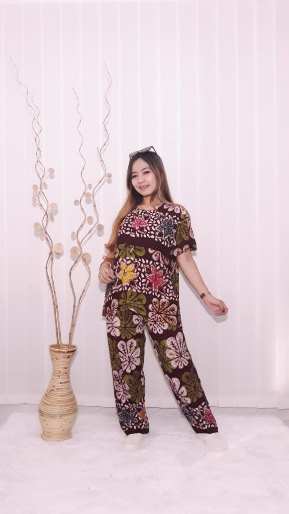 Setelan Celana Panjang Batik Coletan Rayon Santung