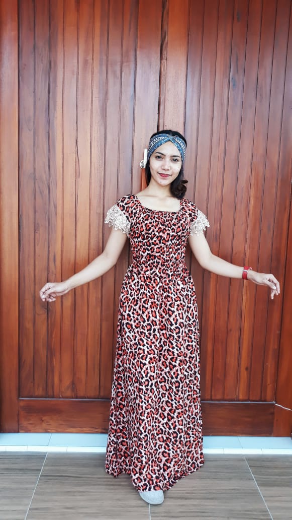 Long Dress Pendek Renda Motif Leopard Rayon