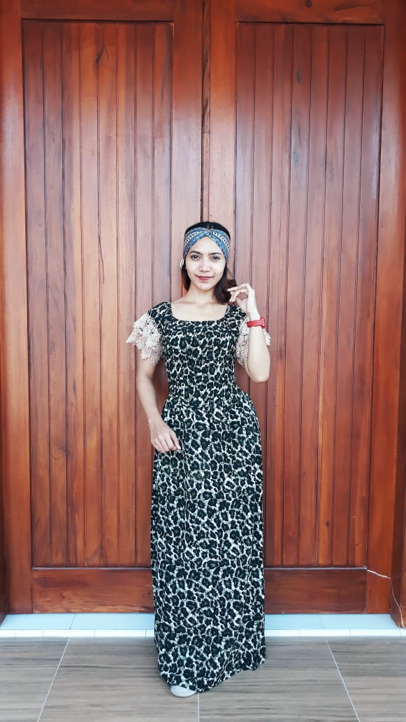 Long Dress Pendek Renda Motif Leopard Rayon