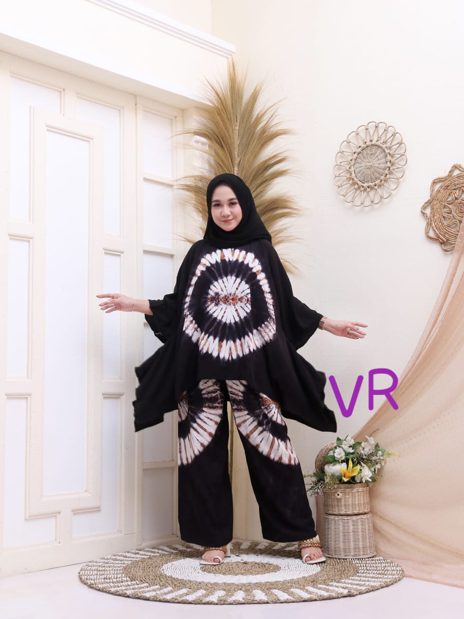 One Set Batik Tie Dye Hitam Jumputan Model Sayap Oblong