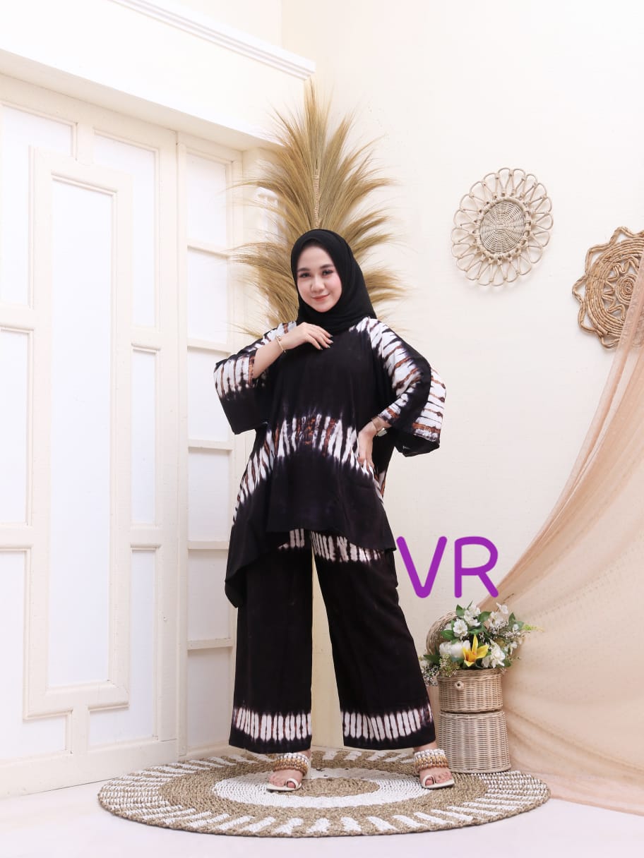 One Set Batik Tie Dye Hitam Jumputan Model Sayap Oblong