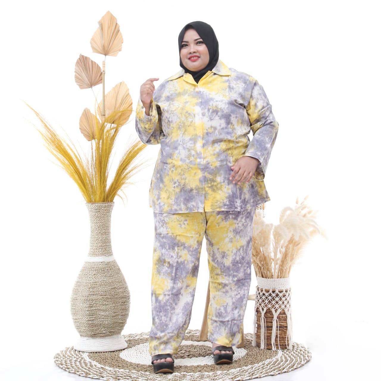 One Set Baju Setelan Batik Jumputan Tie Dye Jumbo Big Plus Size
