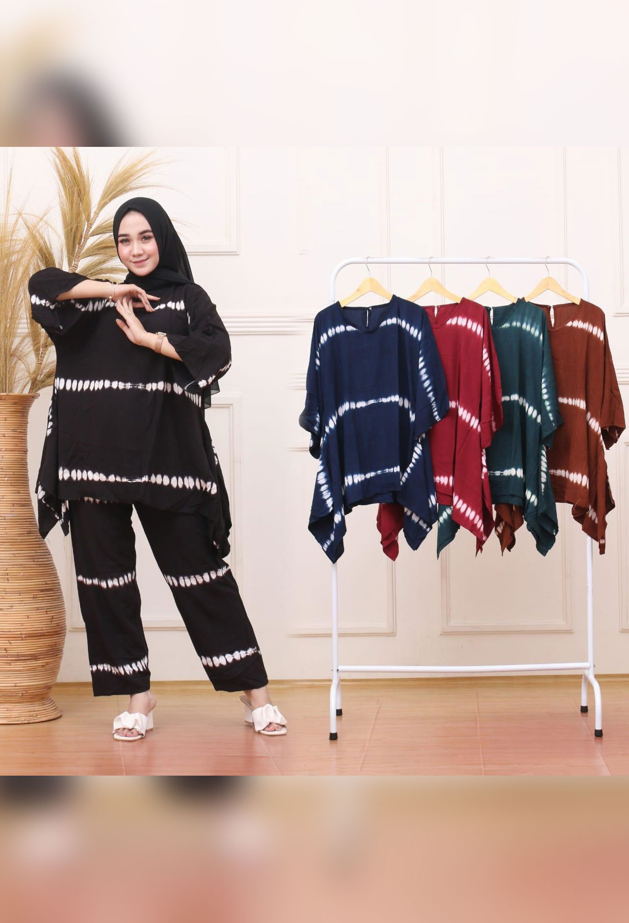 One Set Tie Dye Jumputan Modern Model Sayap Oblong Bahan Santung