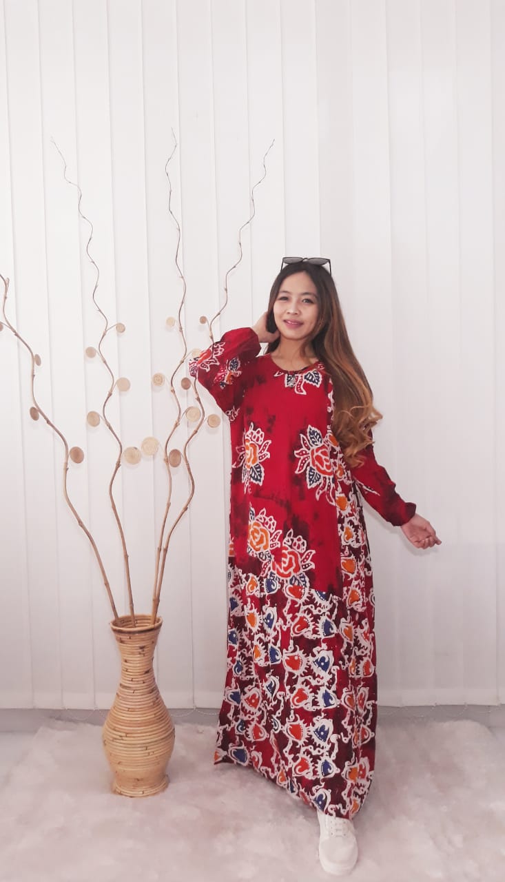 Baju Long Dress Gamis Batik Salma Bahan Santung