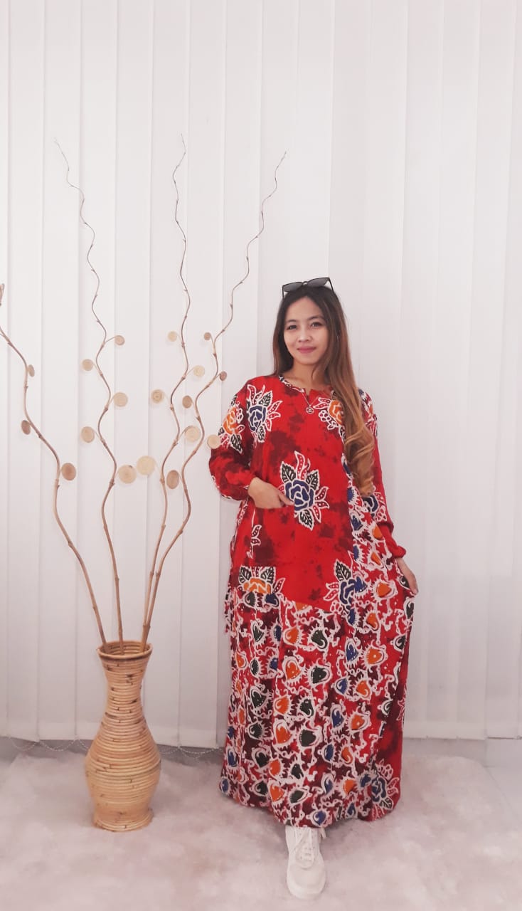 Baju Long Dress Gamis Batik Salma Bahan Santung