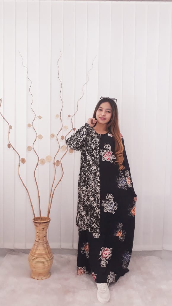 Baju Long Dress Gamis Hitam Kombinasi Batik Rayon