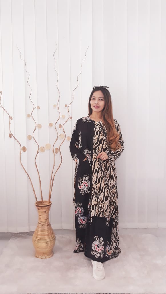 Baju Long Dress Gamis Hitam Kombinasi Batik Rayon