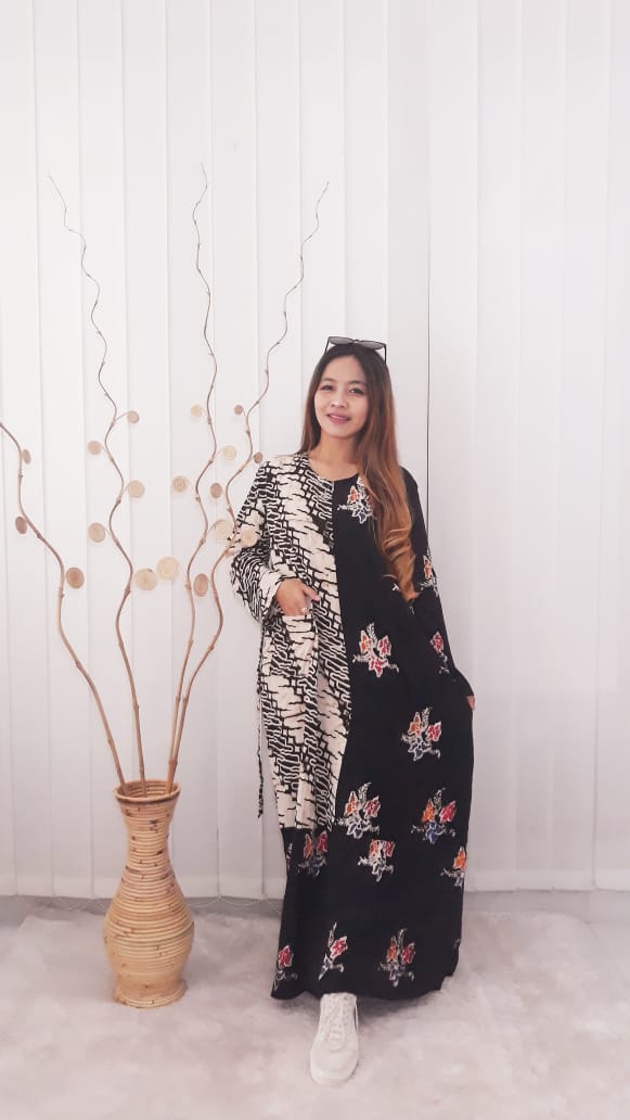 Baju Long Dress Gamis Hitam Kombinasi Batik Rayon