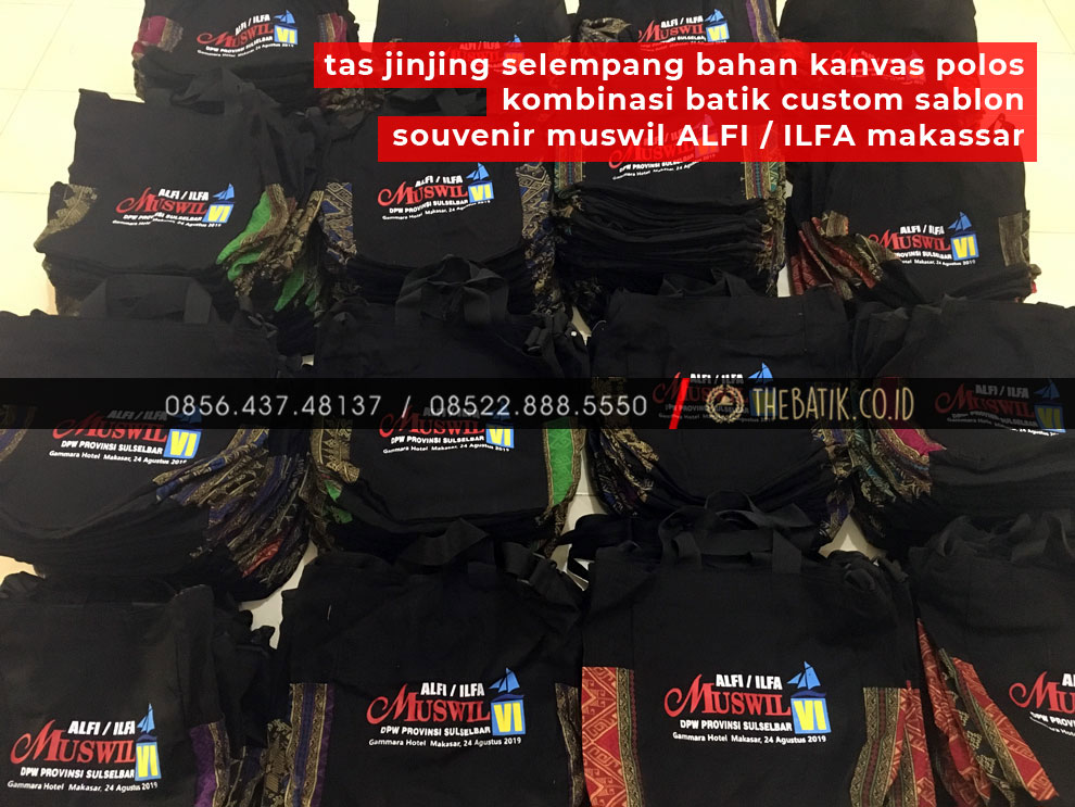 Tas Jinjing Selempang Bahan Kanvas Polos Kombinasi Batik Custom Sablon Souvenir Muswil ALFI / ILFA Makassar