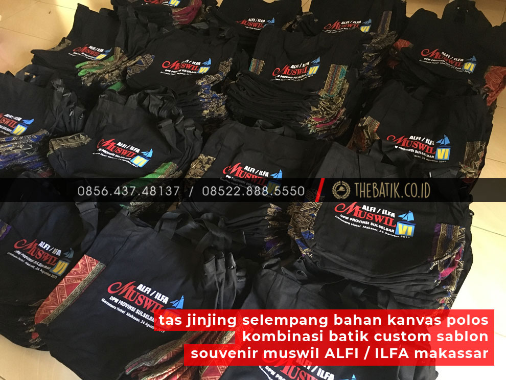 Tas Jinjing Selempang Bahan Kanvas Polos Kombinasi Batik Custom Sablon Souvenir Muswil ALFI / ILFA Makassar