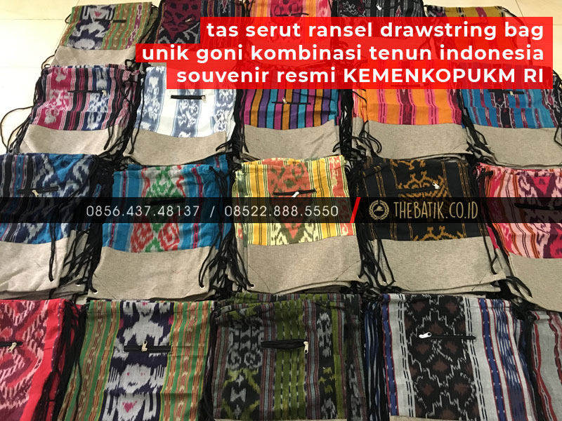 Tas Serut Ransel Drawstring Bag Unik Goni Kombinasi Tenun Indonesia Souvenir Resmi KEMENKOPUKM RI