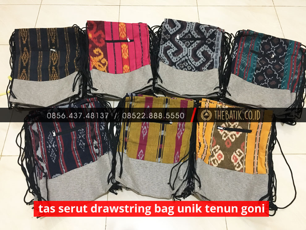 Tas Serut Ransel Drawstring Bag Unik Goni Kombinasi Tenun Indonesia Souvenir Resmi KEMENKOPUKM RI