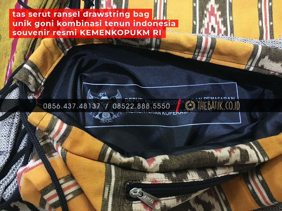 Tas Serut Ransel Drawstring Bag Unik Goni Kombinasi Tenun Indonesia Souvenir Resmi KEMENKOPUKM RI