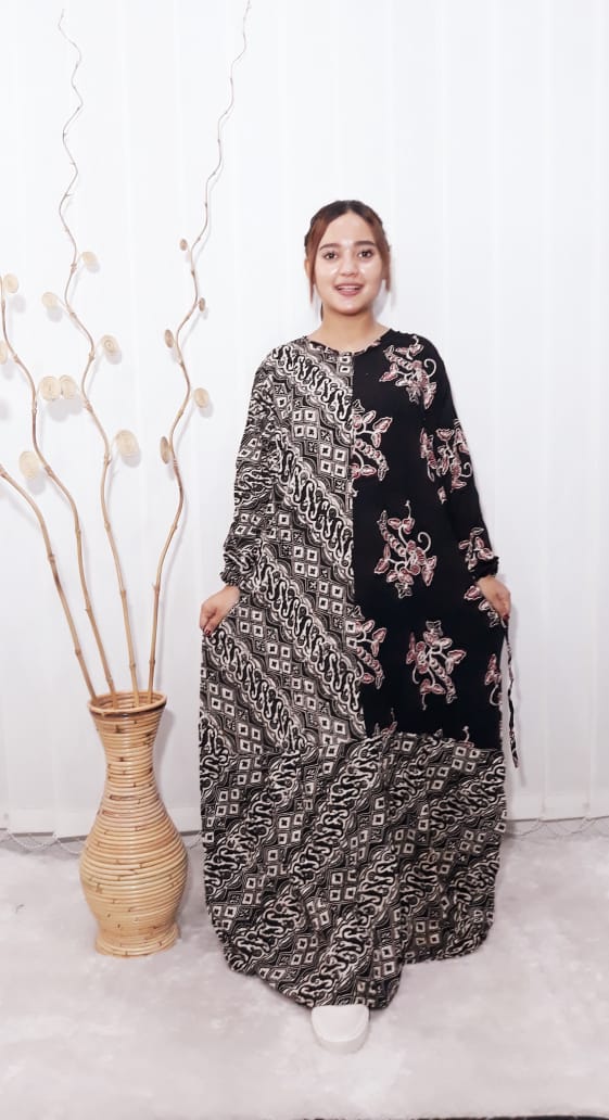 Baju Atasan Long Dress Batik Hitam Rempel Rayon Cap Pekalongan