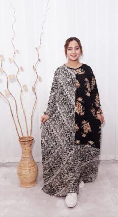 Baju Atasan Long Dress Batik Hitam Rempel Rayon Cap Pekalongan