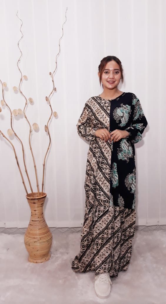 Baju Atasan Long Dress Batik Hitam Rempel Rayon Cap Pekalongan
