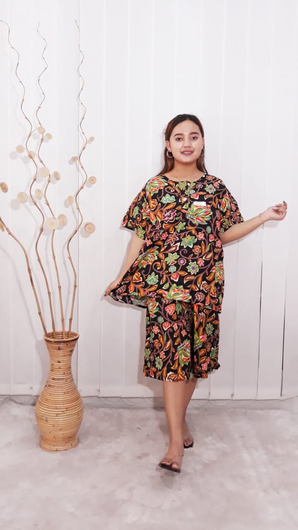 Baju Setelan Kencana Ungu One Set Batik Wanita Kulot Lengan 3/4