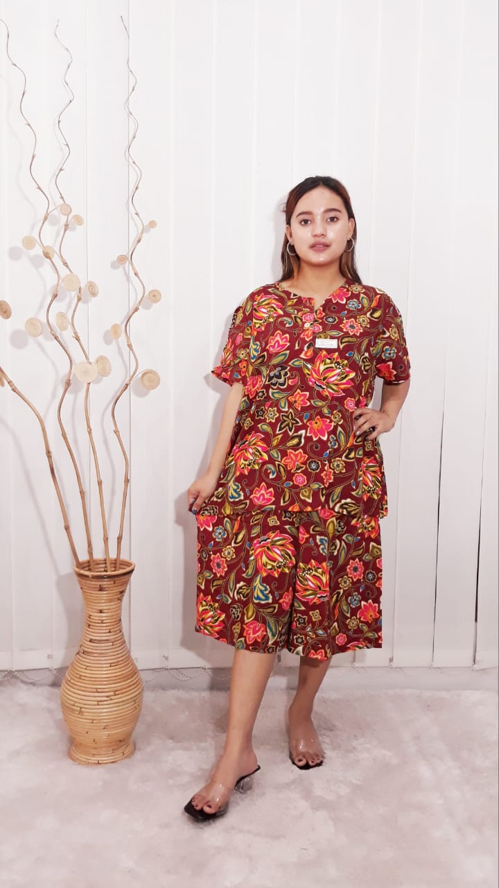 Baju Setelan Kencana Ungu One Set Batik Wanita Kulot Lengan 3/4