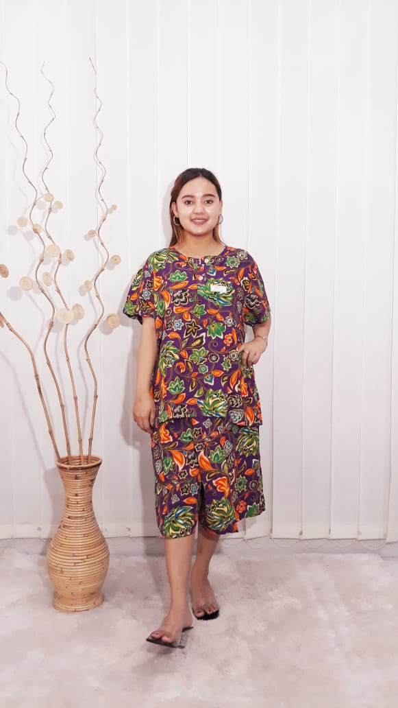 Baju Setelan Kencana Ungu One Set Batik Wanita Kulot Lengan 3/4